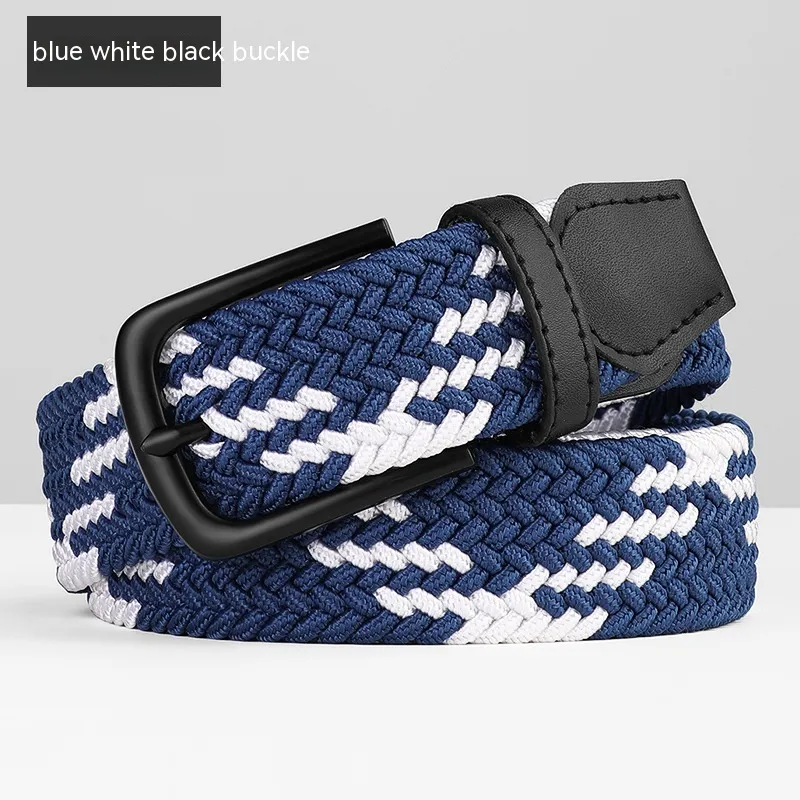 Woven Leather Belt Men's Pant Women's Jeans - Blue, White And Black Buckle