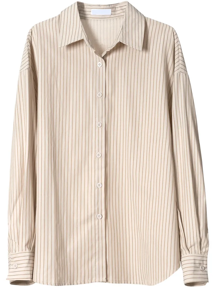 Women's Casual Loose Vertical Striped Long-sleeved Shirt - Striped Shirt-Average Size