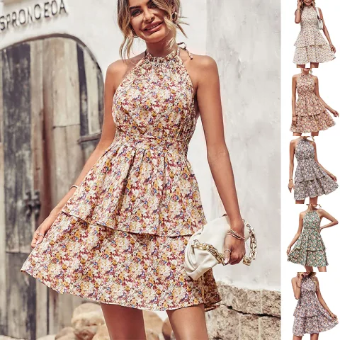 Summer Printed Halter Dress Fashion Boho Backless Ruffled A-Line