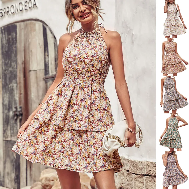 Summer Printed Halter Dress Fashion Boho Backless Ruffled A-Line