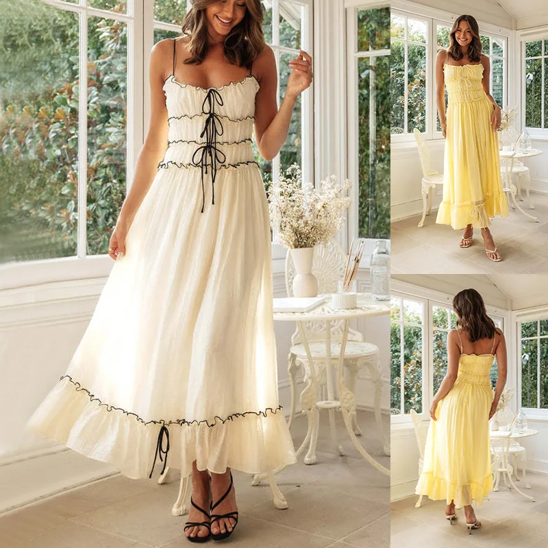 Summer Suspender Spaghetti Strap Long Dresses with Bow Pleat