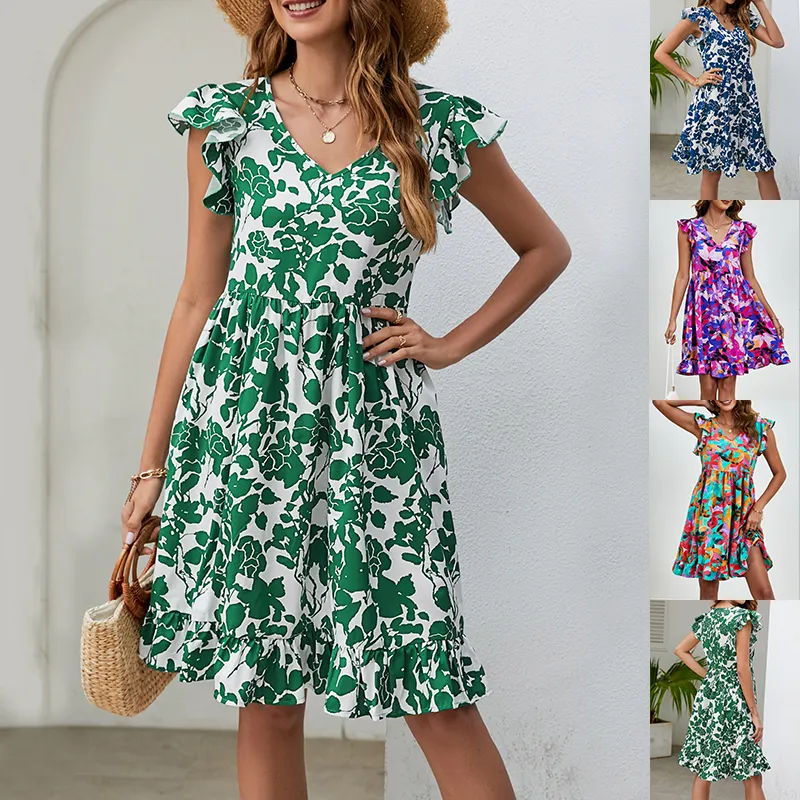 Leaf Print Dress Summer V-neck Ruffled Sleeveless A-Line Dresses Fashion Casual Holiday Beach Dress For Womens Clothing