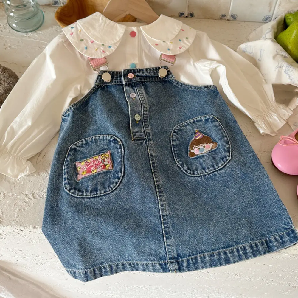 Girls' Cartoon Denim Suspender Skirt Dress Trendy Spring And Autumn Clothing