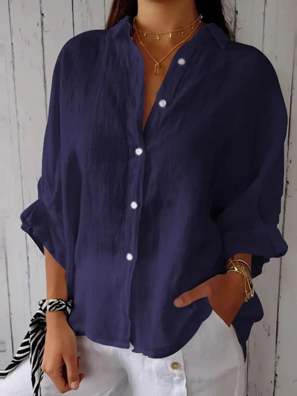 Trade Fashion Casual Cardigan All-match Long Sleeve Loose Top Shirt - Dark Blue