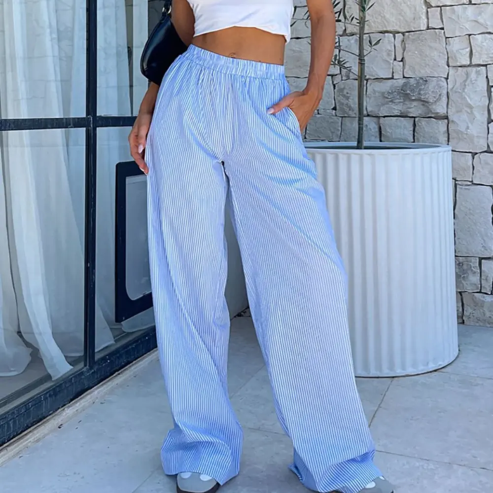 Fashion Y2K Striped Straight Trousers Summer Elastic High Waist