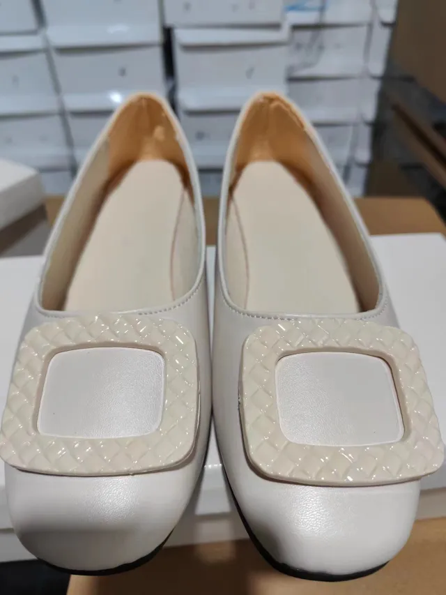New Casual Simple Mid And Low Heel Square Buckle Slip on Shoes Beige - Shop at LoveMi