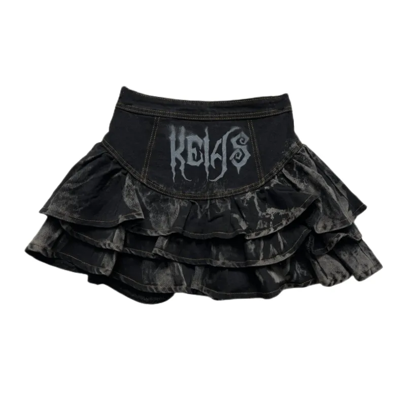 Fashionable Dark Cake Denim Short Skirt - Black