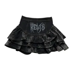 Fashionable Dark Cake Denim Short Skirt - Black - View 1