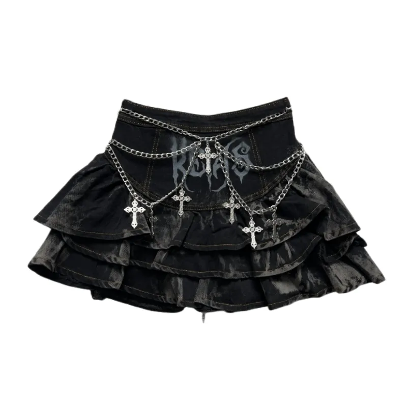 Fashionable Dark Cake Denim Short Skirt - Black1