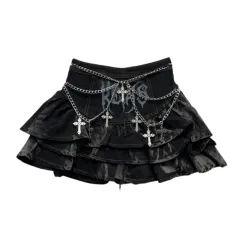 Fashionable Dark Cake Denim Short Skirt - Black1 - View 1