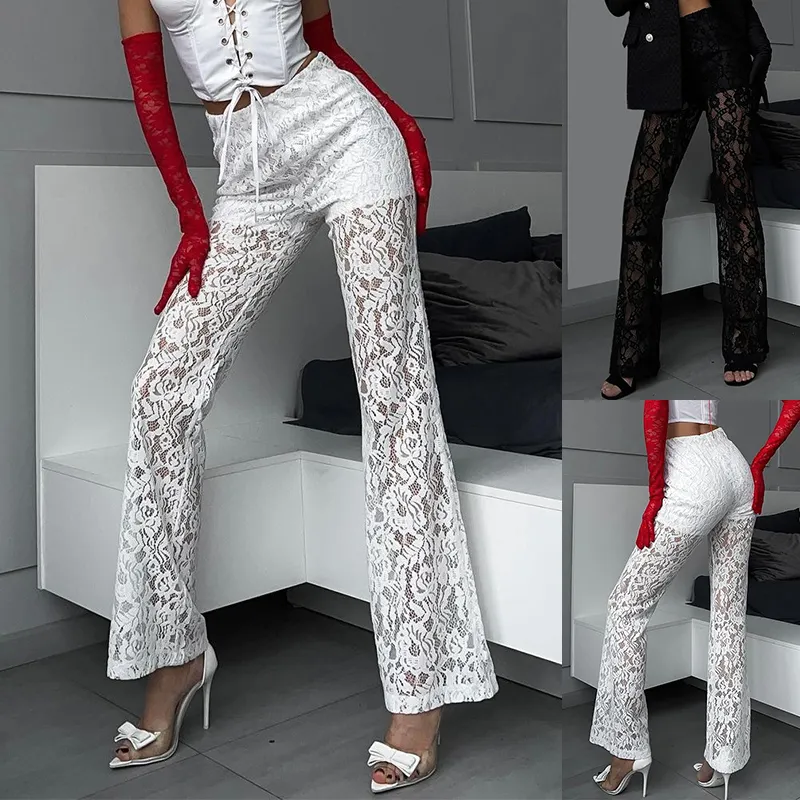 Sexy Lace Straight Trousers Fashion Casual High Waist Pants