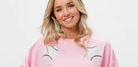 Baseball Sequined Sweater Long Sleeve Top For Women Pink - Shop at LoveMi