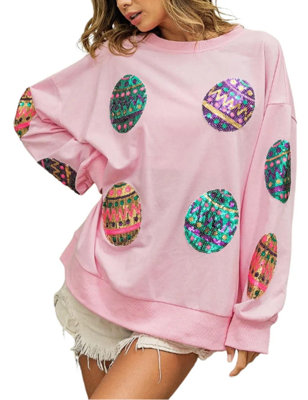 Sequined Knitted Sweater Long Sleeve Women's Clothing - Pink