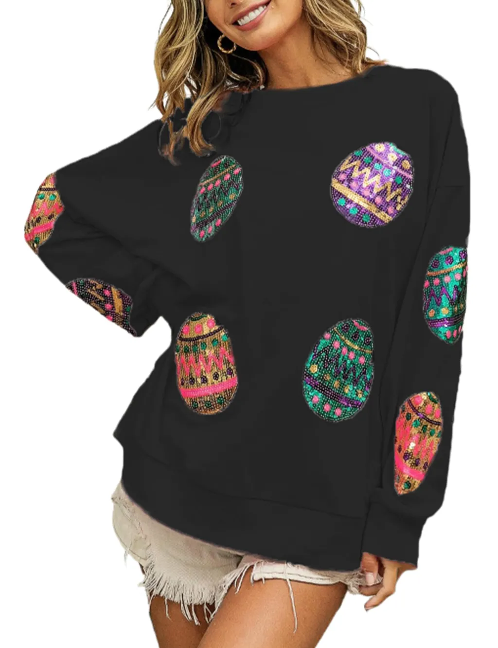 Sequined Knitted Sweater Long Sleeve Women's Clothing - Black