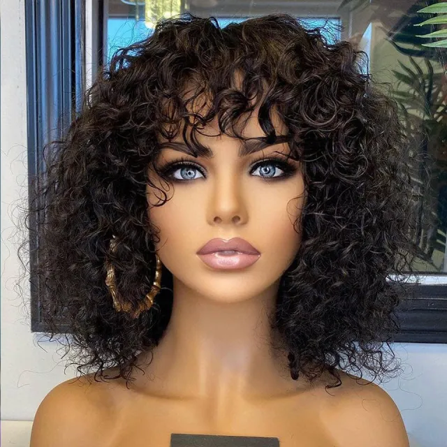 Water Wave Fringe Human Hair Wigs With Bangs Natural Black - Shop at LoveMi