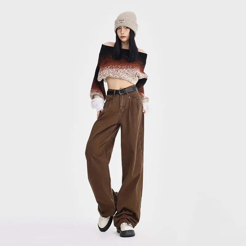 Straight Loose All-match High Waist Wide Leg Pants For Women - Coffee
