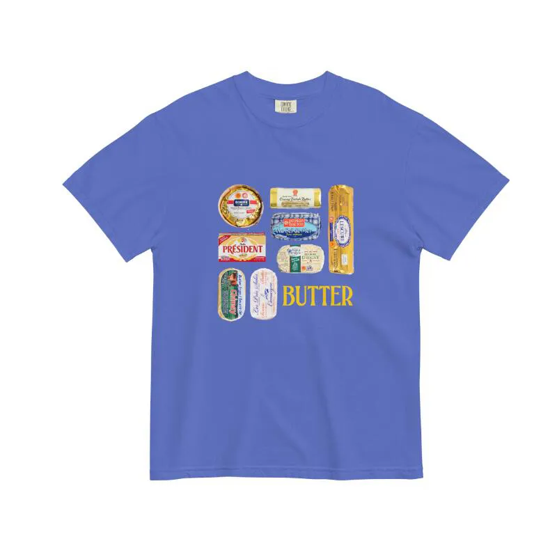 Butter Print Casual Round Neck Short Sleeves T-shirt - Blue - View 1
