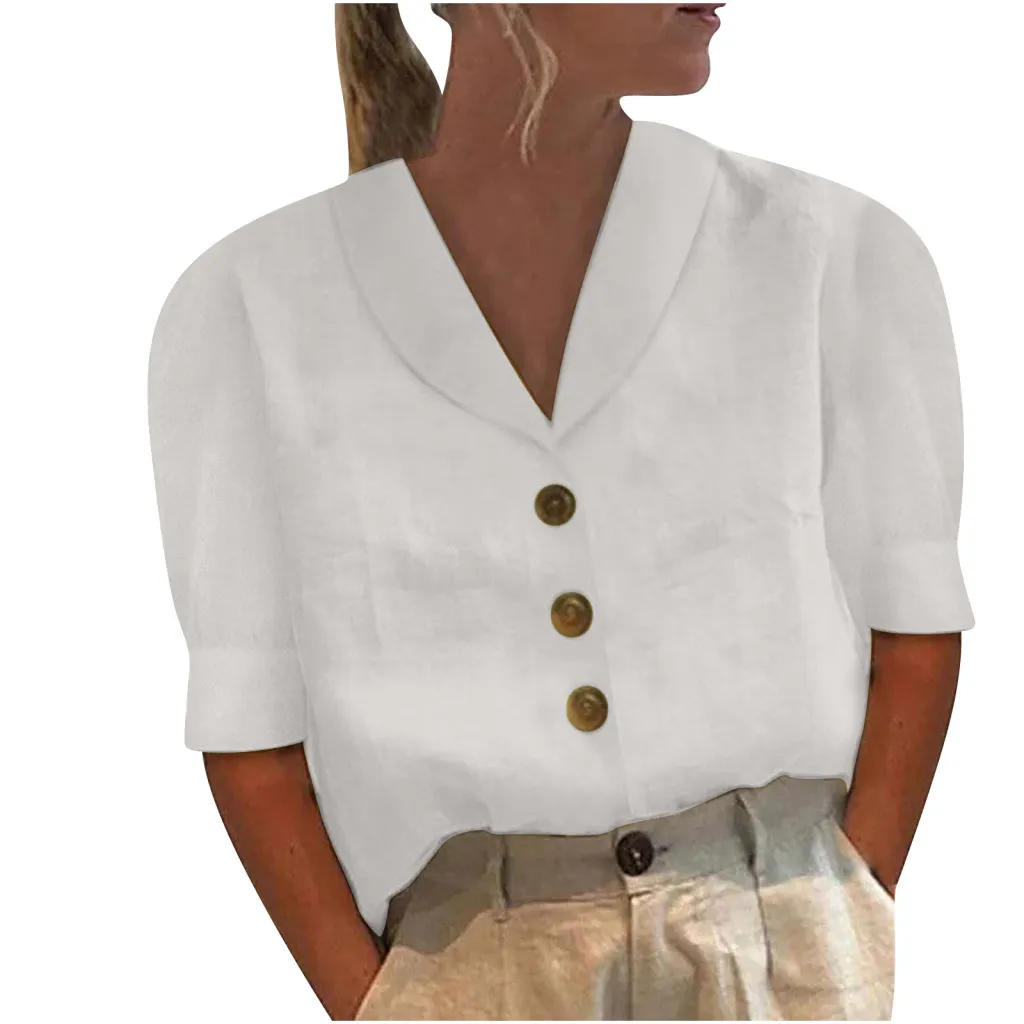 V-neck Shirt Casual Button Short-sleeved Blouse Solid Color Top Womens Clothing - White