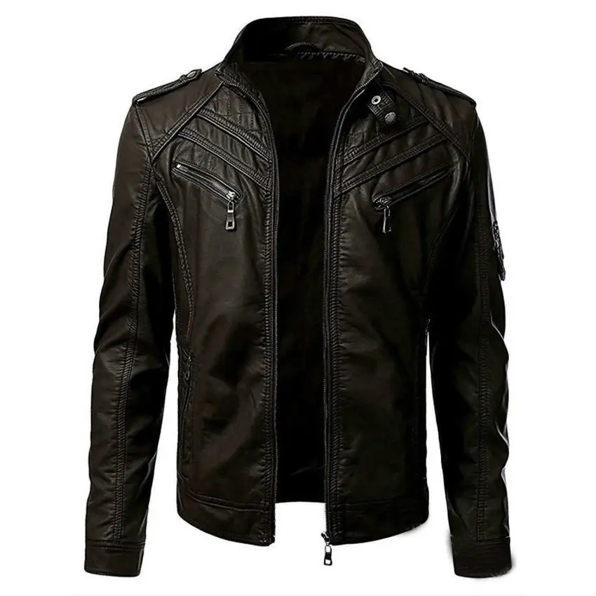 Autumn New Stitching Stand Collar Leather Jacket