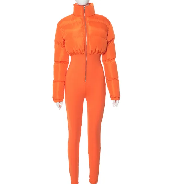 Cotton padded Stretch Tight Jumpsuit Slim Short Jacket Orange Long Style - Shop at LoveMi
