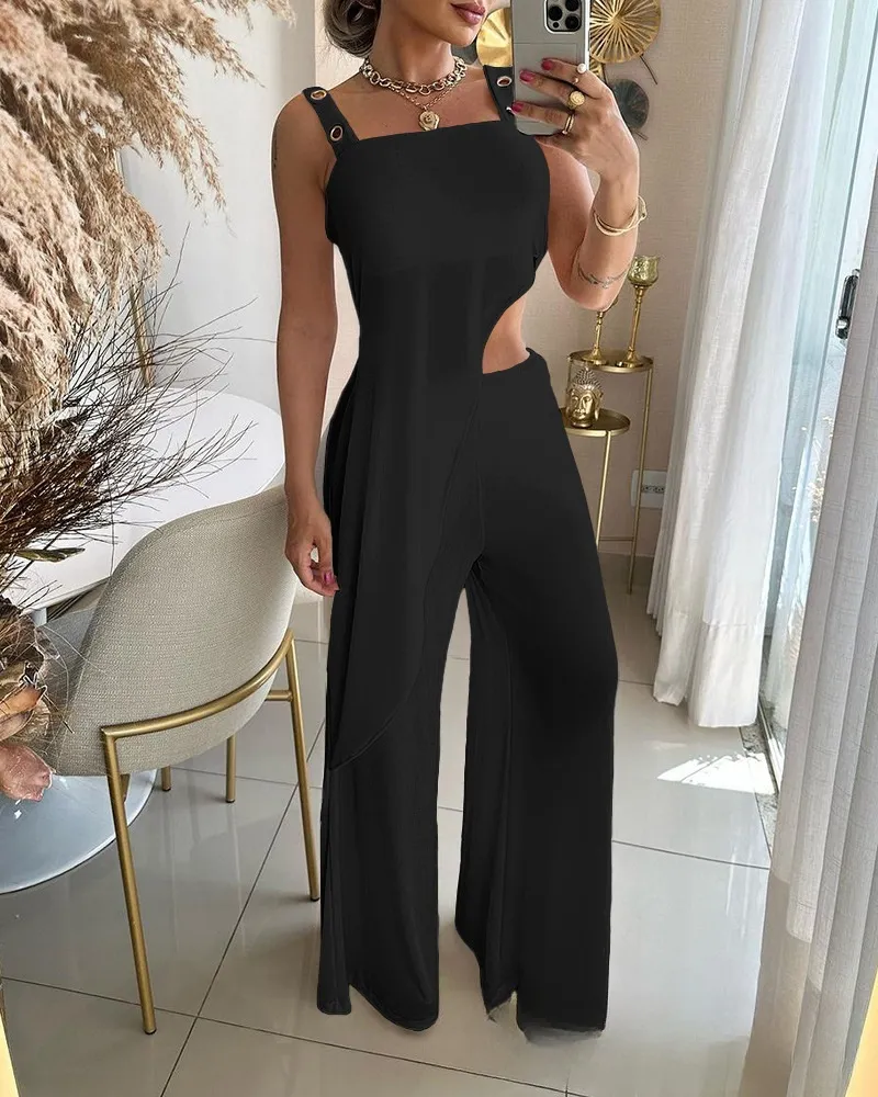 Women's White Irregular Long Overall Dress Set Straight-leg Pants - Black