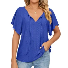 Spring And Summer New Solid Color And V-neck Lace-up Short Sleeve Loose T-shirt Top - Blue - View 1