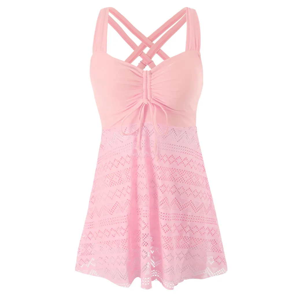 Korean Version Of Solid Color Lace One-piece Swimsuit - Pink
