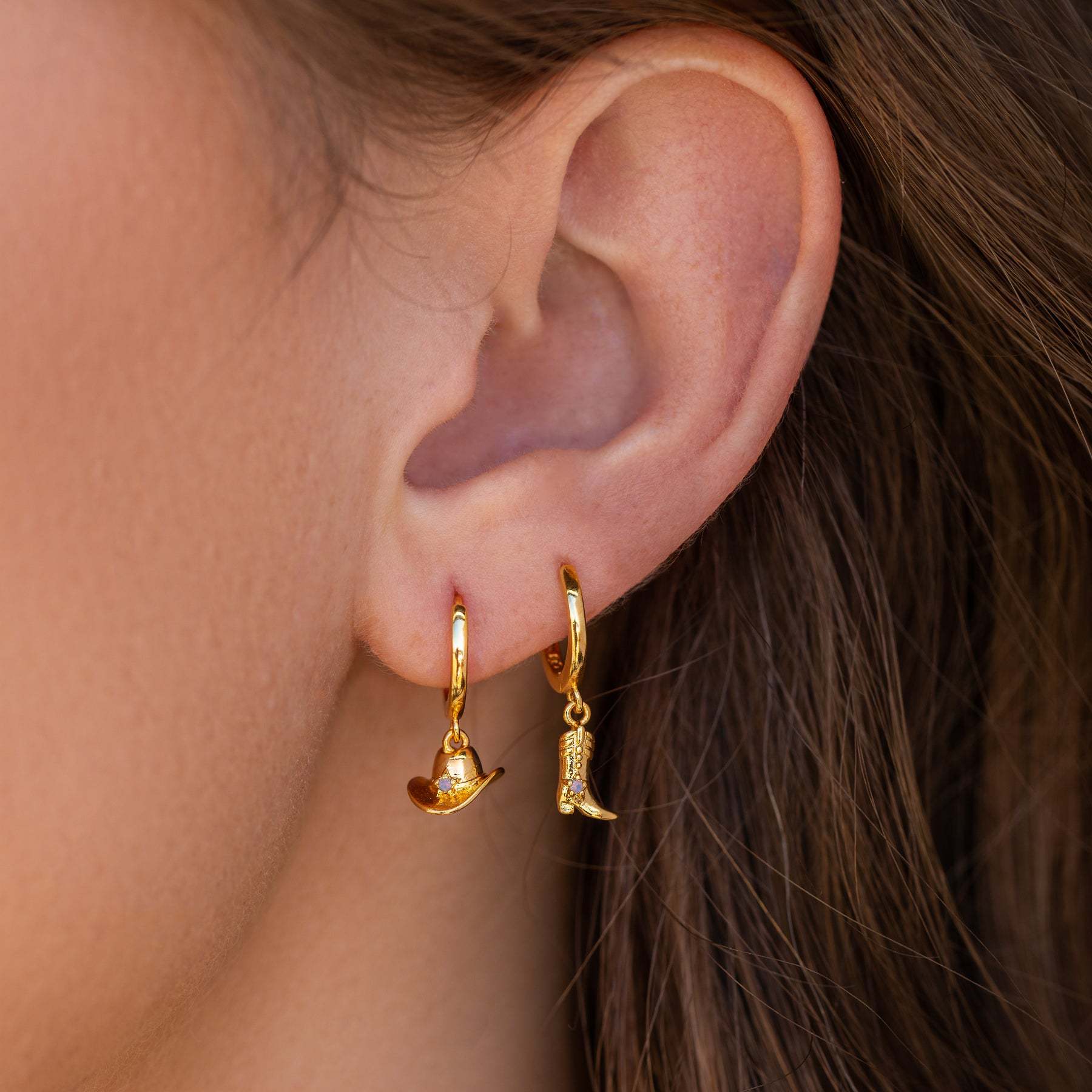 Gold Plated Denim Boots Hat Pendant Earrings