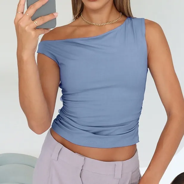 Women's Off-the-shoulder Top Sleeveless Sling Out Cropped Tank Top - Blue
