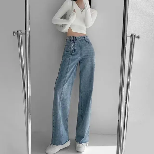 Irregular Breasted High Waist Jeans For Women Straight leg Trousers Blue - Shop at LoveMi