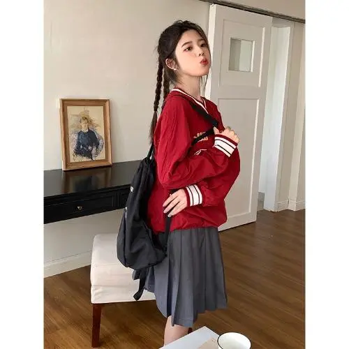 Women's V neck Thin American Sweet Cool Loose Sweater Red - Shop at LoveMi