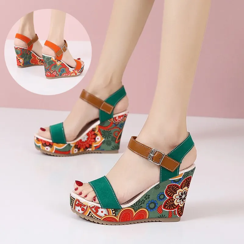 Fashion Flowers Embroidered High Wedge Sandals for Women Summer