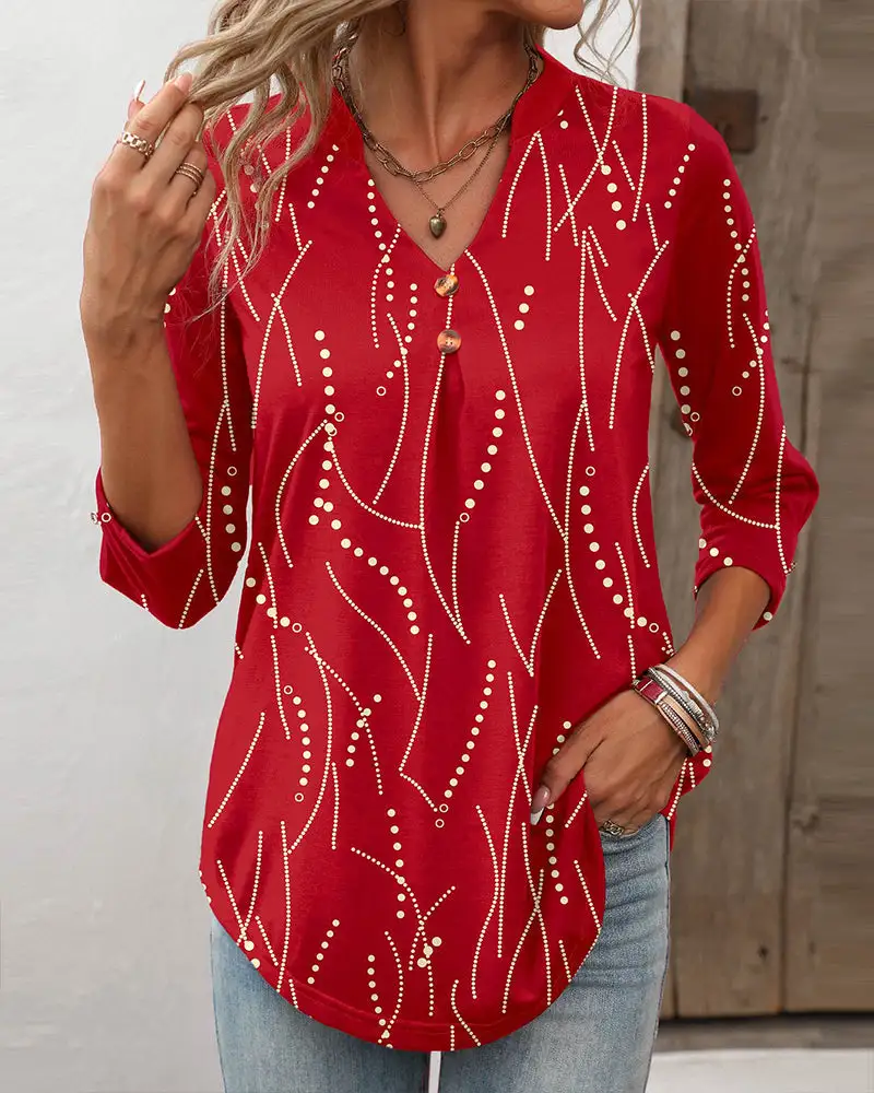 Women's Casual Button Geometric Printed Long-sleeved T-shirt - Red