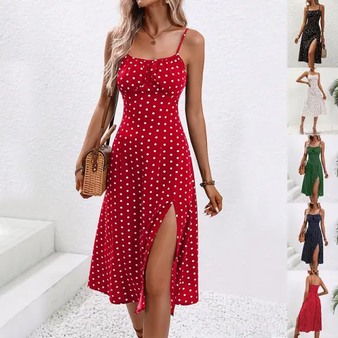 New Polka Dot Print Suspender Dress Summer Sexy Split