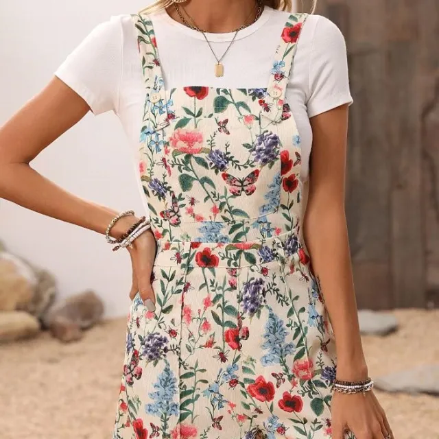 Women's Plant Print Button Strap Jumpsuit Apricot - Shop at LoveMi