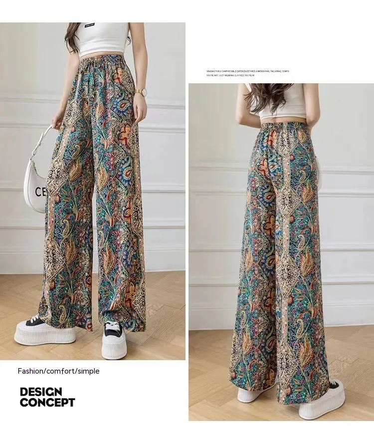 Tie-dyed Ice Silk Ink Painting Wide-leg Pants For Women Summer - Anemone-Plussized Edition