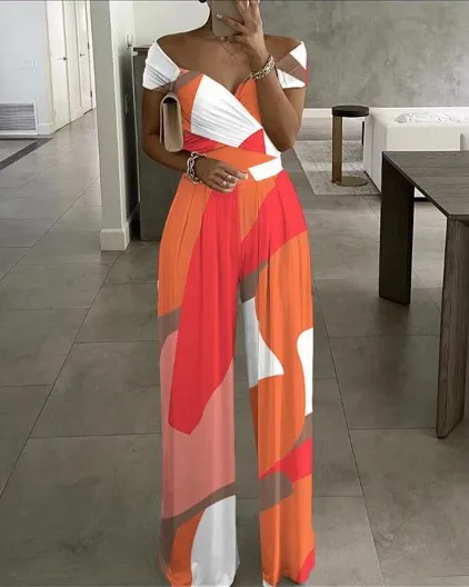 Women's Fashion One shoulder Print Temperament Jumpsuit Orange - Shop at LoveMi