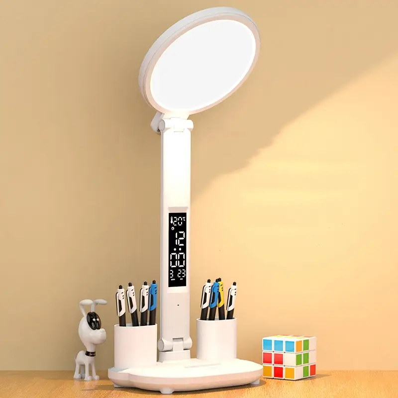 LED Clock Table Lamp USB Chargeable Dimmable Desk Lamp Plug-in LED Fan Light