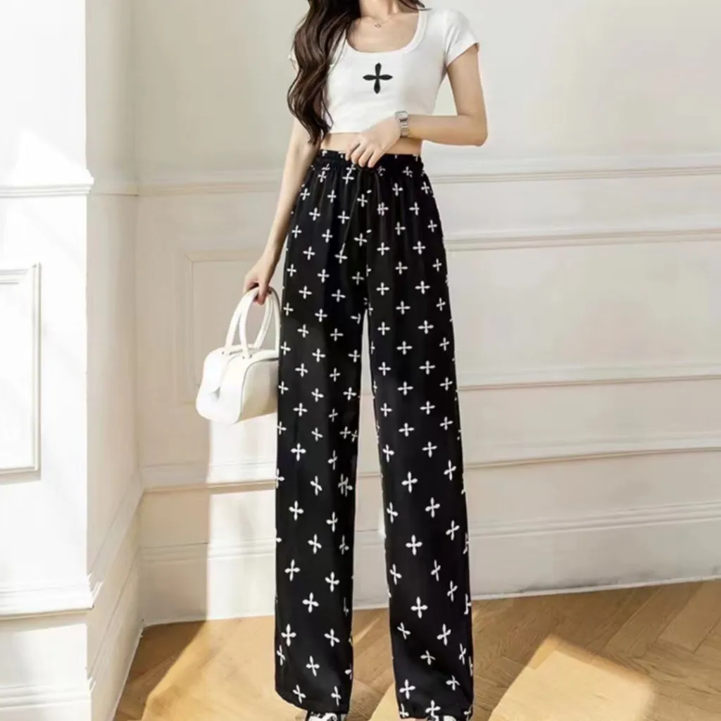 Tie-dyed Ice Silk Ink Painting Wide-leg Pants For Women Summer - Flower-Plussized Edition