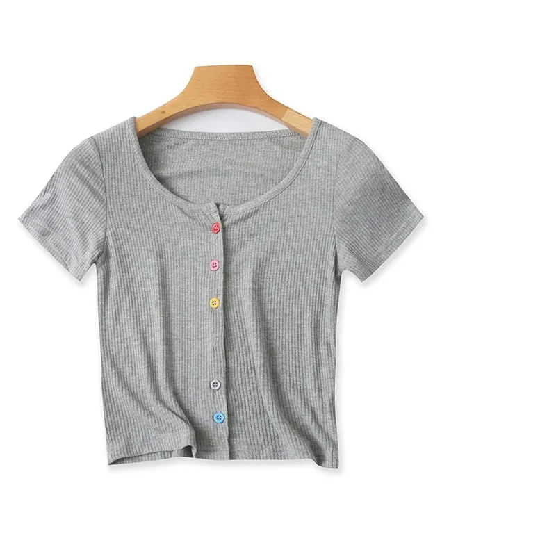 Women's Knitted Cotton Cardigan T-shirt Top - Gray