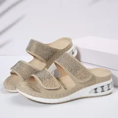 New Air Cushion Wedges Sandals Summer Casual Rhinestone Slides Roman Sandals For Women Non-slip Beach Shoes - Beige - View 1