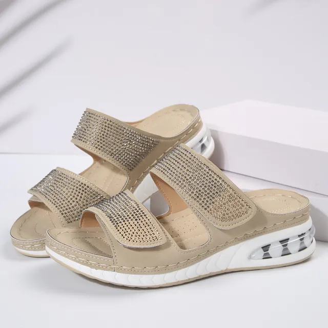 New Air Cushion Wedges Sandals Summer Casual Rhinestone Slides Roman Sandals For Women Non slip Beach Shoes Beige - Shop at LoveMi