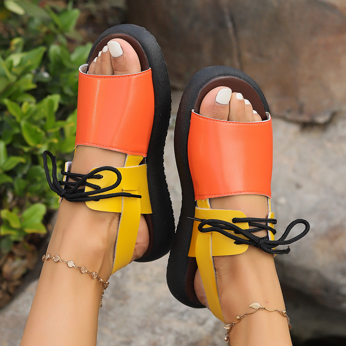 Color-block Lace-up Roman Sandals For Women Summer New Fashion Flat Fish Mouth Beach Shoes — image 2 of 7