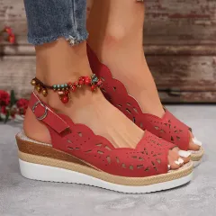 New Fish-mouth Wedge Sandals Summer Thick-soled Hollow Buckle Roman Shoes For Women - Red - View 1
