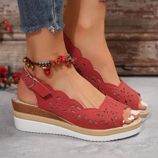 New Fish mouth Wedge Sandals Summer Thick soled Hollow Buckle Roman Shoes For Women Red - Shop at LoveMi