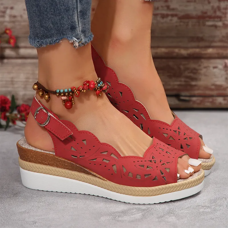 New Fish-mouth Wedge Sandals Summer Thick-soled Hollow Buckle Roman Shoes For Women - Red