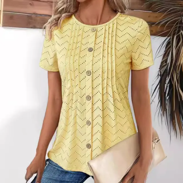 Women's Solid Color Hollow out Pleated Fake Button Round Neck T shirt Light Yellow - Shop at LoveMi