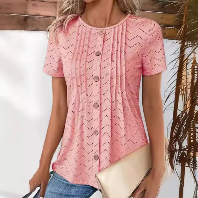 Women's Solid Color Hollow out Pleated Fake Button Round Neck T shirt Pink - Shop at LoveMi