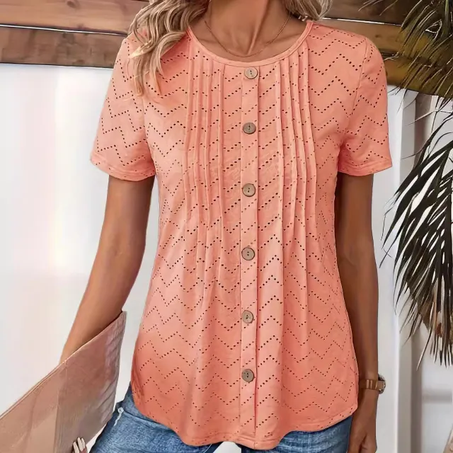 Women's Solid Color Hollow out Pleated Fake Button Round Neck T shirt Orange - Shop at LoveMi