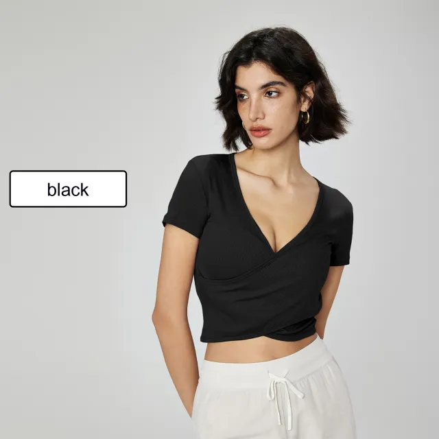 Cross V neck Yoga T shirt Short Waist tight Black - Shop at LoveMi